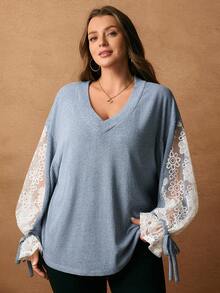 Rosumi Plus Size Lace Patchwork V-Neck Colorblock Sheer Long Sleeve Sweatshirt, , ,Plus Size  Elegant Casual,Spring - Blue - View 3
