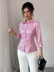 Elenzga قميص ساتان مخطط كاجوال، مناسب للتنقل في فصلي الربيع والصيف - الأحمر - مشاهدة 3