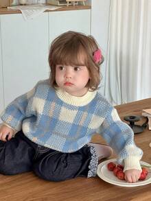 DAZY 女宝宝格子针织毛衣韩版甜美清新长袖秋冬 - 藍色 - 查看 11