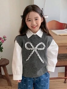 DAZY 少女系可爱蝴蝶结针织毛衣，秋冬 - 灰色 - 查看 3