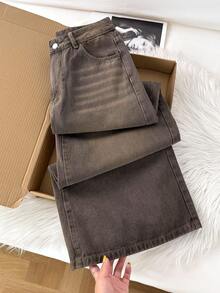 Comfortcana Quần Jeans Ống Rộng Thường Ngày Rộng Rãi Giặt Sạch Cho Nữ - màu nâu - Xem 1