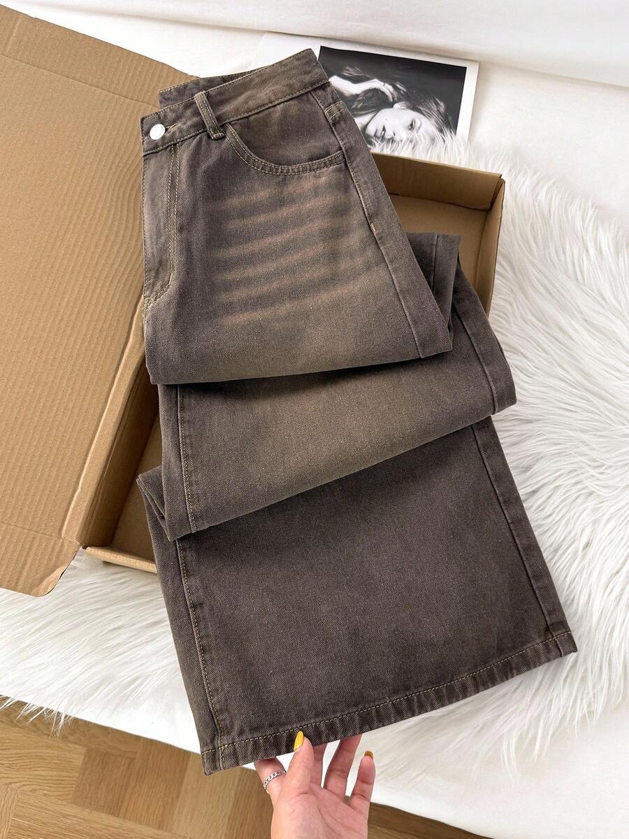 Comfortcana Quần Jeans Ống Rộng Thường Ngày Rộng Rãi Giặt Sạch Cho Nữ - màu nâu - Xem 1