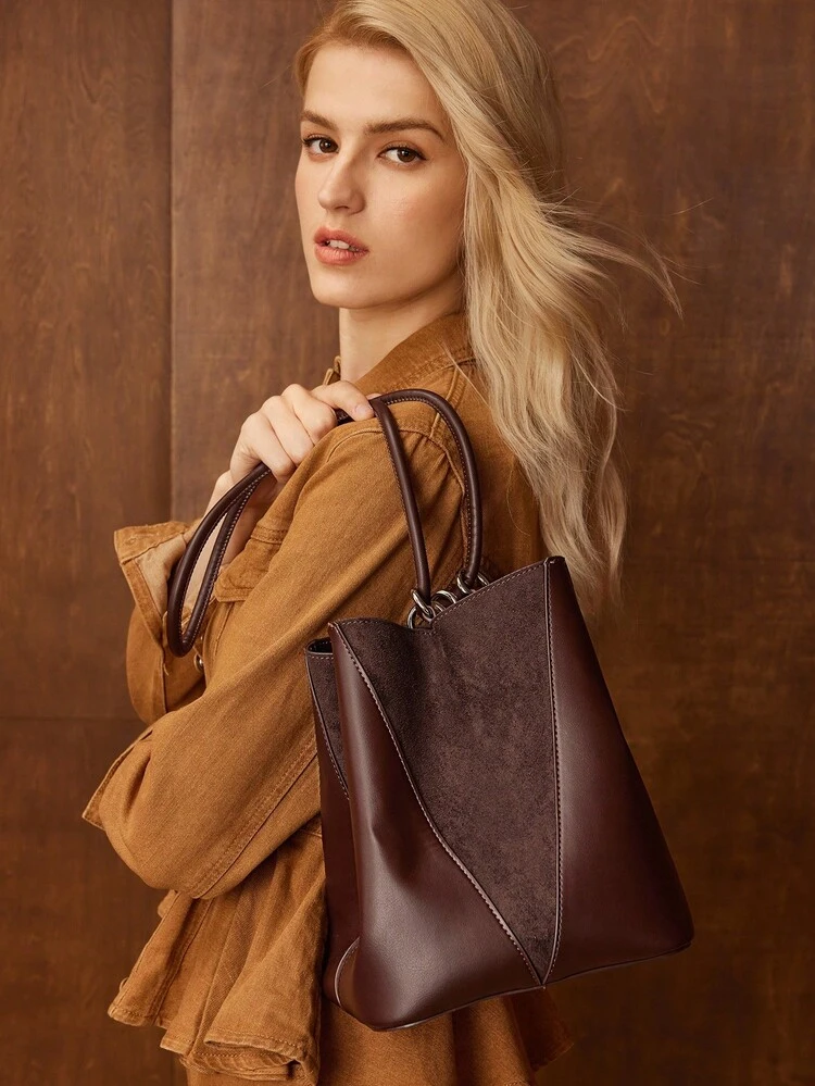 WOMEN'S SOFT SUEDE PATCHWORK BUCKET BAG ESPRESSO BROWN