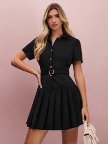 Enchnt Damen elegantes schwarzes Hemdkleid mit kurzen Ärmeln, Knopfleiste und plissiertem Saum - Schwarz - Übersicht 5