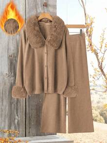 Linhara Plus Size Casual Solid Color Plush Patchwork Cardigan & Long Pants Set, Autumn/Winter Fall Cloth For Women - Camel - View 3
