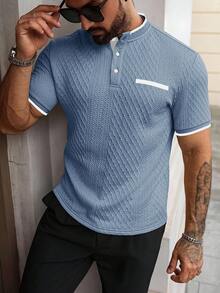 Manfinity Homme 男士休闲纹理撞色边短袖 Polo 衫，夏季男士浅蓝色上衣男士休闲上衣男士纹理上衣男士夏季衬衫浅蓝色衬衫男士，Old Money 风格 - 孔雀藍 - 查看 3