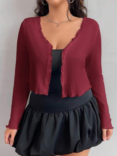 SHEIN EZwear Plus Size Women's Wine Red Front Button Cropped T-Shirt