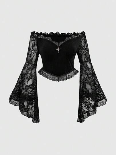 Goth Blusa de talla grande con hombros descubiertos, mangas acampanadas de encaje y terciopelo, estilo gótico