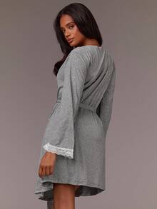 Athîral Women's Elegant Lace Patchwork A-Line Hem Long Sleeve Robe, Vacation - Dark Grey - View 2