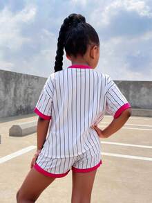 2件套少女针织数字图案条纹V领宽松T恤和短裤套装 - 白色 - 查看 2