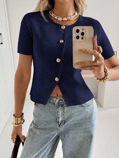 Siren Gaze Women's Summer Fashion Solid Color Front Button Short Sleeve Thin Cardigan,Fall Casual Blue