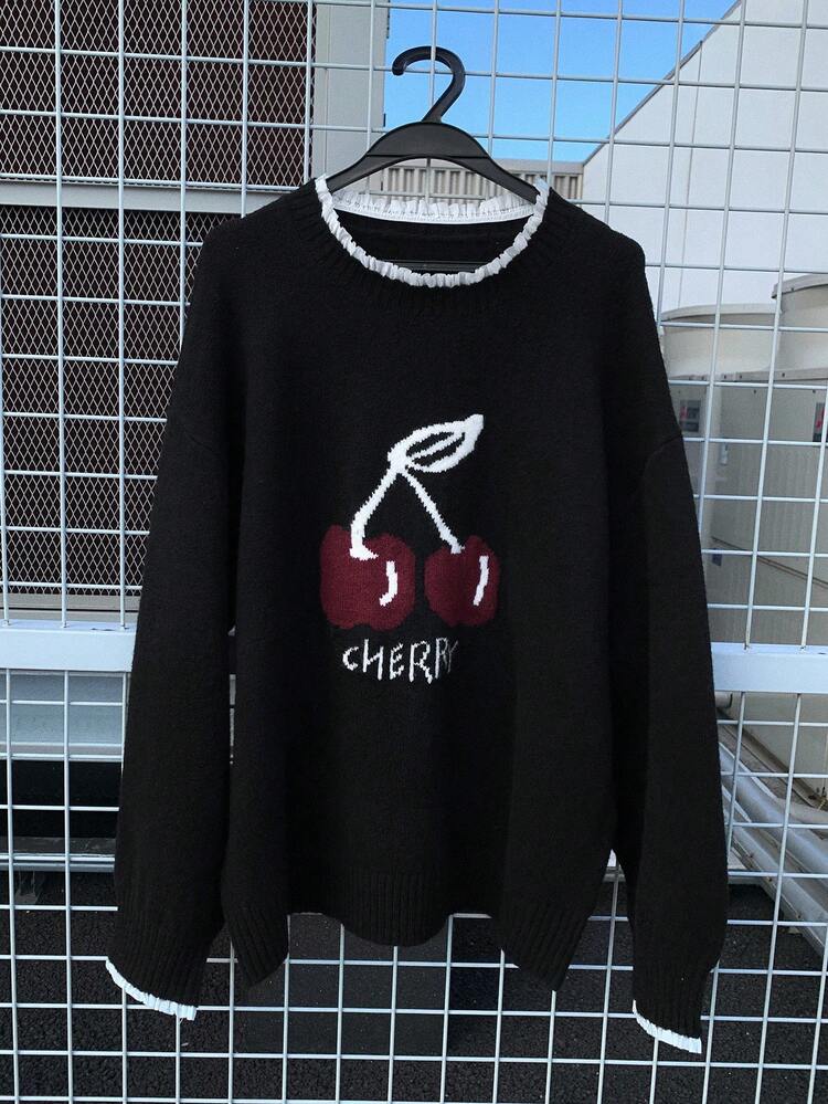 Women's Frill Trim Decorative Pattern Crew Neck Sweater, Autumn