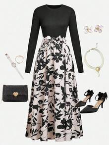 SHEIN 少女优雅度假拼色印花飘逸下摆圆领长袖弹力针织连衣裙 - 黑色 - 查看 1