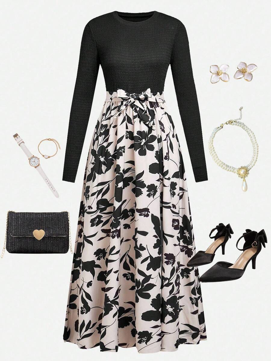 SHEIN 少女优雅度假拼色印花飘逸下摆圆领长袖弹力针织连衣裙 - 黑色 - 查看 1