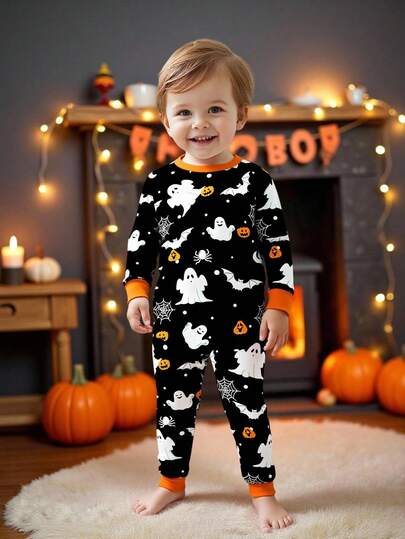 SHEIN Baby Boy Casual Minimalist Halloween Pumpkin & Ghost Cute Cartoon Snug Fit Round Neck Comfortable Long Sleeve Pants Homewear, Suitable For Autumn/Winter,Thermal Lined Fall