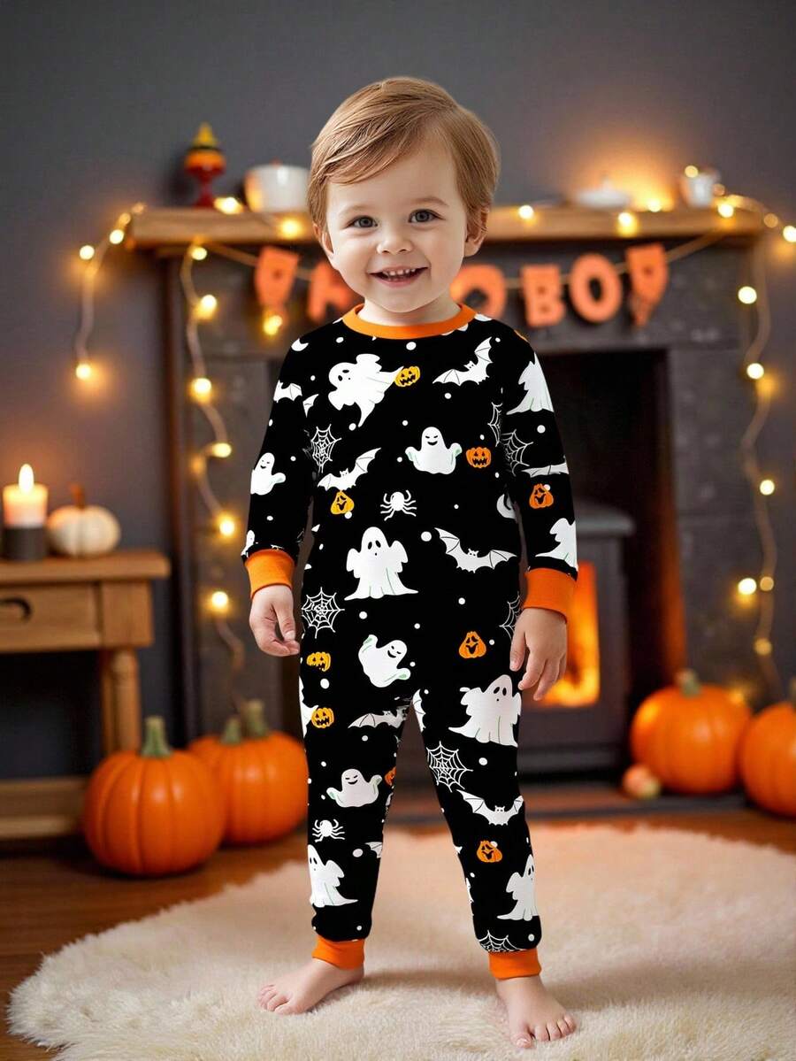 SHEIN Baby Boy Casual Minimalist Halloween Pumpkin & Ghost Cute Cartoon Snug Fit Round Neck Comfortable Long Sleeve Pants Homewear, Suitable For Autumn/Winter,Thermal Lined Fall - Multicolor - View 1