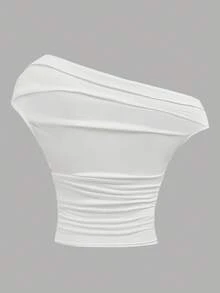 SHEIN Girlism Tween 女童休闲白色不对称肩部褶饰修身短款上衣 T 恤，迷人百搭 - 白色 - 查看 2