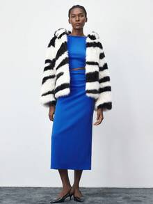 Maija 女士优雅纯色镂空修身中长连衣裙 - 藍色 - 查看 3