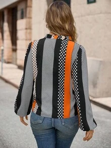 EMERY ROSE Polka Dot Notched Neckline Blouse,Long Sleeve Tops - Multicolor - View 2