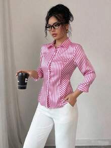 Elenzga قميص ساتان مخطط كاجوال، مناسب للتنقل في فصلي الربيع والصيف - الأحمر - مشاهدة 1