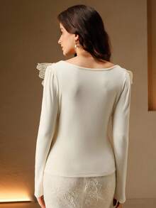 Anewsta Elegant Off-White Autumn Date Night Floral Decor Puff Sleeve U-Neck Stretchy Fitted Long Sleeve Top,Christmas New Year Party,Luxury Formal Chic Top - Apricot - View 2