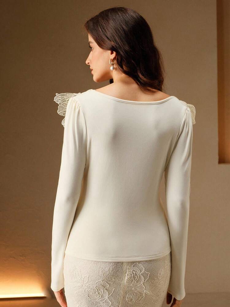 Elegant Date Night Floral Decor Puff Sleeve U-Neck Stretchy Fitted Long Sleeve Top, Suitable For Fall/Winter, Christmas, New Year, Party, Elegant, Luxury, Formal, Chic