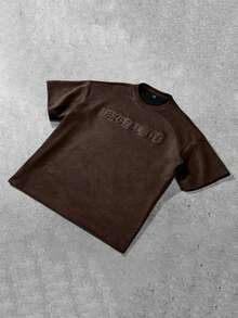 Claim Dot Loose Fit Men's Letter Embossed Drop Shoulder T-Shirt, Fall Fleece - Rust Brown - View 4