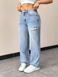 Jeans de mezclilla desgastados y lavados de moda versátil para mujer de talla grande - Lavado ligero - Ver 5