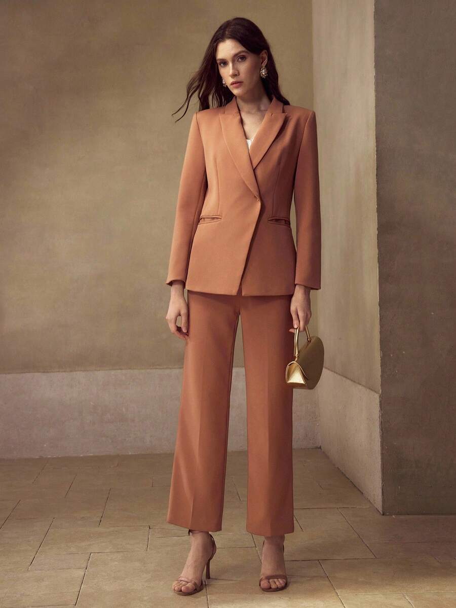 MOTF Classy Pantalones de traje con cierre de cremallera y costura frontal sólida - Marrón Mocha - Ver 1