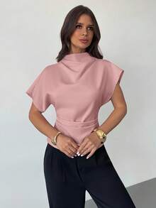 Firerie 褶皱领不对称袖侧边褶皱收腰通勤杏色竹麻面料女式衬衫，四季皆宜 - 粉色 - 查看 3