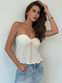 Aloruh 浪漫性感杏色扭纹纹理抹胸短款上衣 - 杏色 - 查看 7