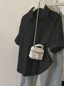 INAWLY 女式纯色前扣休闲百搭短袖衬衫