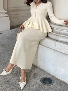DAZY Women's Solid Color V-Neck Ruffle Trim Cardigan & Skirt 2 Pieces Knit Set, Autumn Fall - Beige - View 3