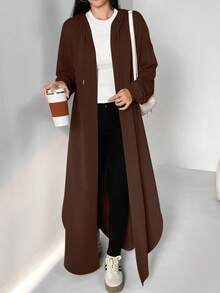 Al Najma Áo Abaya dài có mũ trùm đầu, dây rút, màu trơn, dành cho nữ, thích hợp cho mùa xuân và mùa thu, áo Abaya dài kiểu Hồi giáo thoải mái, áo cardigan dài màu nâu cho mặc hàng ngày/đi học/du lịch. - Màu nâu Sô-cô-la - Xem 6