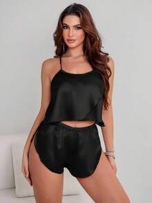 SHEIN Bộ đồ ngủ quần short dây mảnh khoét sâu ren gợi cảm, quyến rũ và hấp dẫn - màu đen - Xem 4