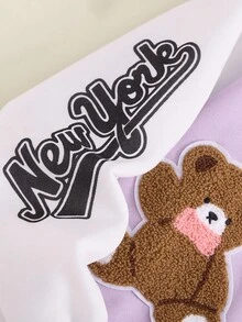 SHEIN Explorewe 1 件青少年女孩甜美浅紫色撞色袖熊补丁字母印花棒球夹克，常规厚度，休闲，秋季 - 紫色 - 查看 7