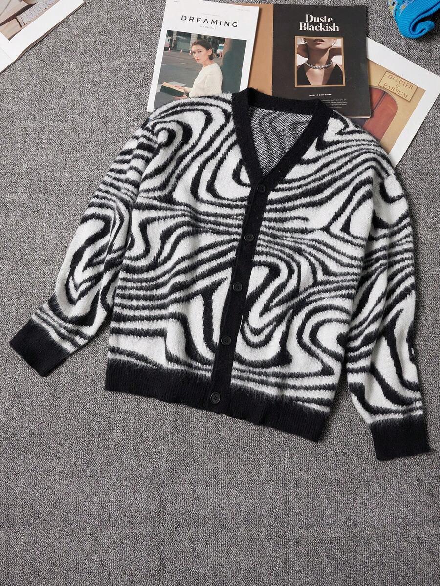 Manfinity Roghcode Men's Casual Loose Button-Up Long Sleeve Cardigan, Fall Winter - Black and White - View 1