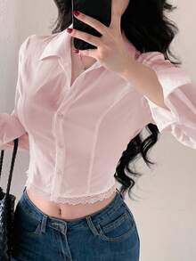 DAZY 性感鱼骨纹学院风修身开衫，镂空蕾丝拼接优雅长袖衬衫，适合办公室穿着，春秋Y2K风格 - 粉色 - 查看 2