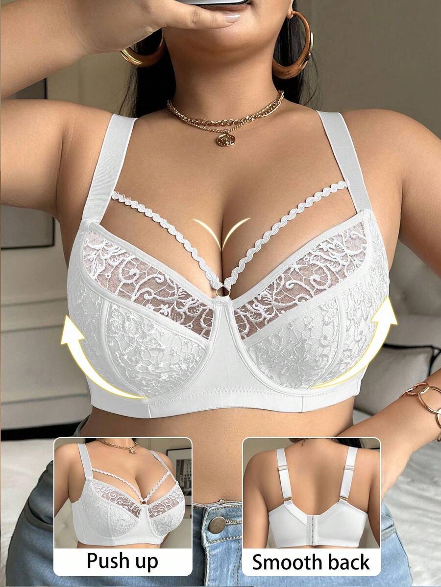 SHEIN 1 件大码网眼刺绣钢圈文胸 - 白色 - 查看 1