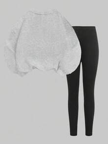 SHEIN Leap Crew 2 件套可爱迷你蝴蝶结印花套头连帽衫和裤子，粉色，适合少女秋冬休闲装