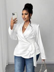 Maweii 加大码白色系带修身正装外套，适合工作和休闲穿着 - 白色 - 查看 1