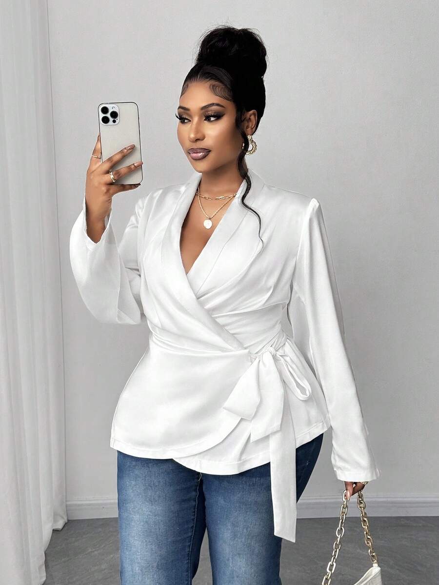 Maweii 加大码白色系带修身正装外套，适合工作和休闲穿着 - 白色 - 查看 1