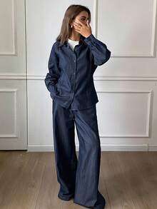 DAZY Women's Waist Cinched Back Tie Loose Denim Shirt And Wide Leg Jeans Casual Denim Suit - Dark Wash - View 5