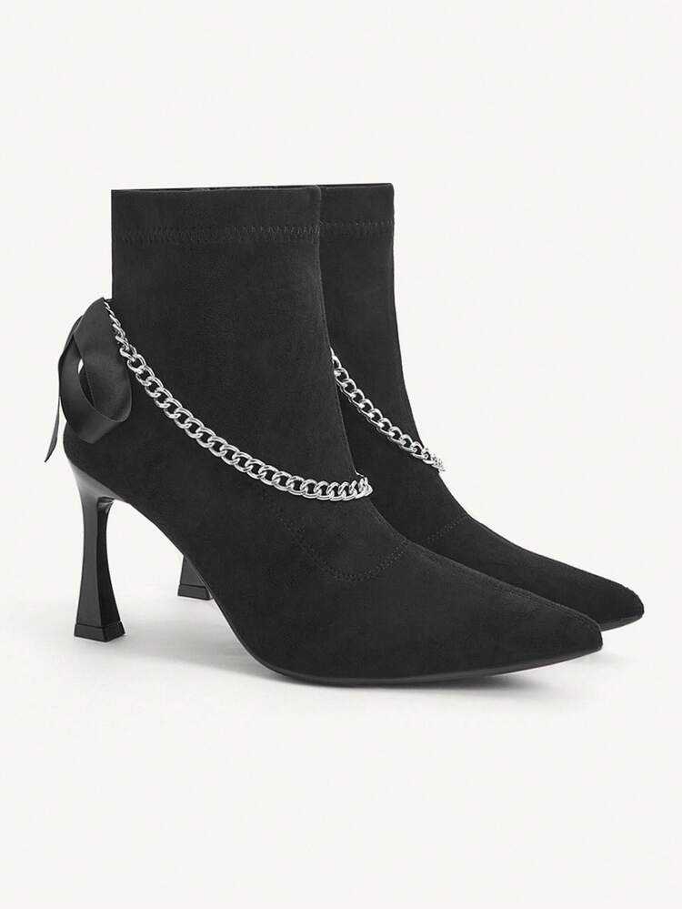 CUCCOO CHICEST Fashionable Short Suede Pointed Toe High Heel Chain Decor Ankle Boots For Christmas
