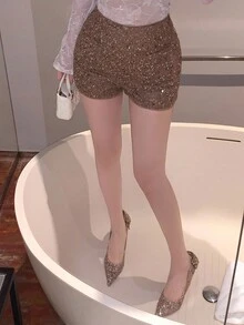 DAZY Sequin Embellished Bodycon Sexy Gold Mini Shorts For Women, Suitable For Party, Wedding, Prom New Years Women Carnival - Khaki - View 4