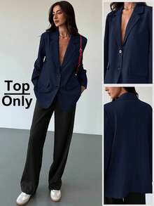 Aloruh Minimalist Commuting Gray Textured Oversized Long Sleeve Loose Blazer For Young Women In Fall/Winter - Navy Blue - View 3