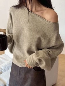 DAZY Loose Batwing Sleeve Sweater Fall/Winter School - Khaki - View 3