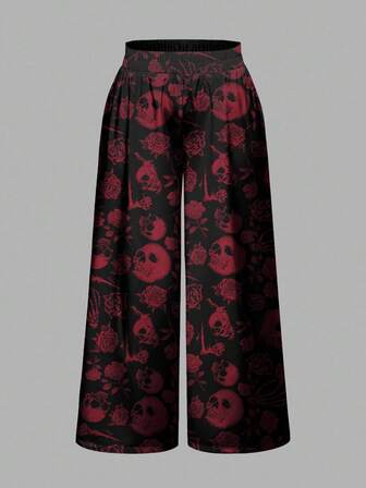 Goth Pantaloni larghi e morbidi con stampa integrale di rose rosse, stile gotico, dark e misterioso, per taglie comode