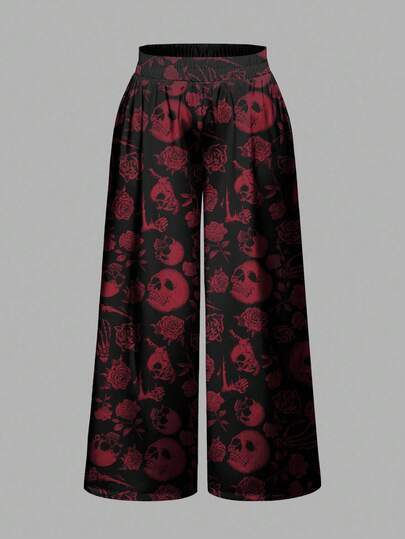 Goth Pantaloni larghi e morbidi con stampa integrale di rose rosse, stile gotico, dark e misterioso, per taglie comode
