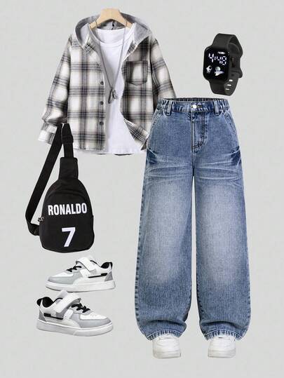 SHEIN Explorewe 青少年男童休闲复古时尚个性化水洗做旧中腰宽松直筒蓝色牛仔裤，适合秋冬季节穿着。